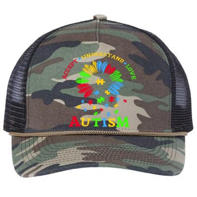 Autism Awareness Sunflower Puzzle Accept Understand Love Retro Rope Trucker Hat Cap