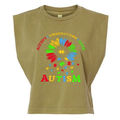 Autism Awareness Sunflower Puzzle Accept Understand Love Garment-Dyed Women's Muscle Tee