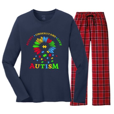 Autism Awareness Sunflower Puzzle Accept Understand Love Women's Long Sleeve Flannel Pajama Set 