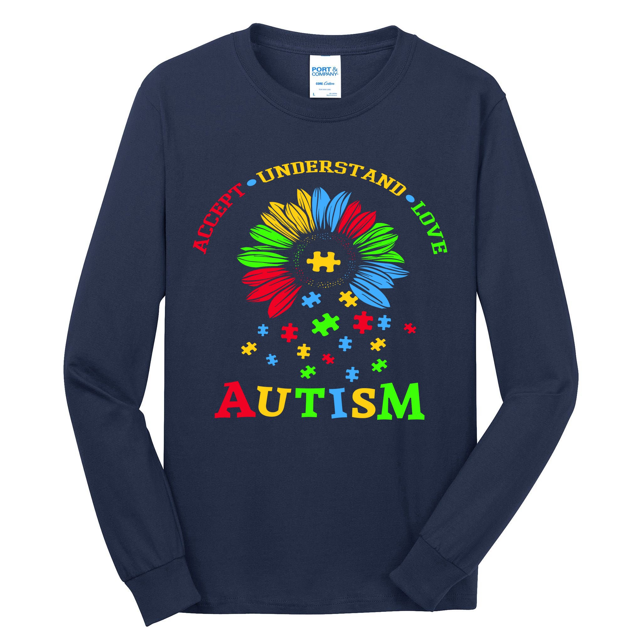 Autism Awareness Sunflower Puzzle Accept Understand Love Tall Long Sleeve T-Shirt