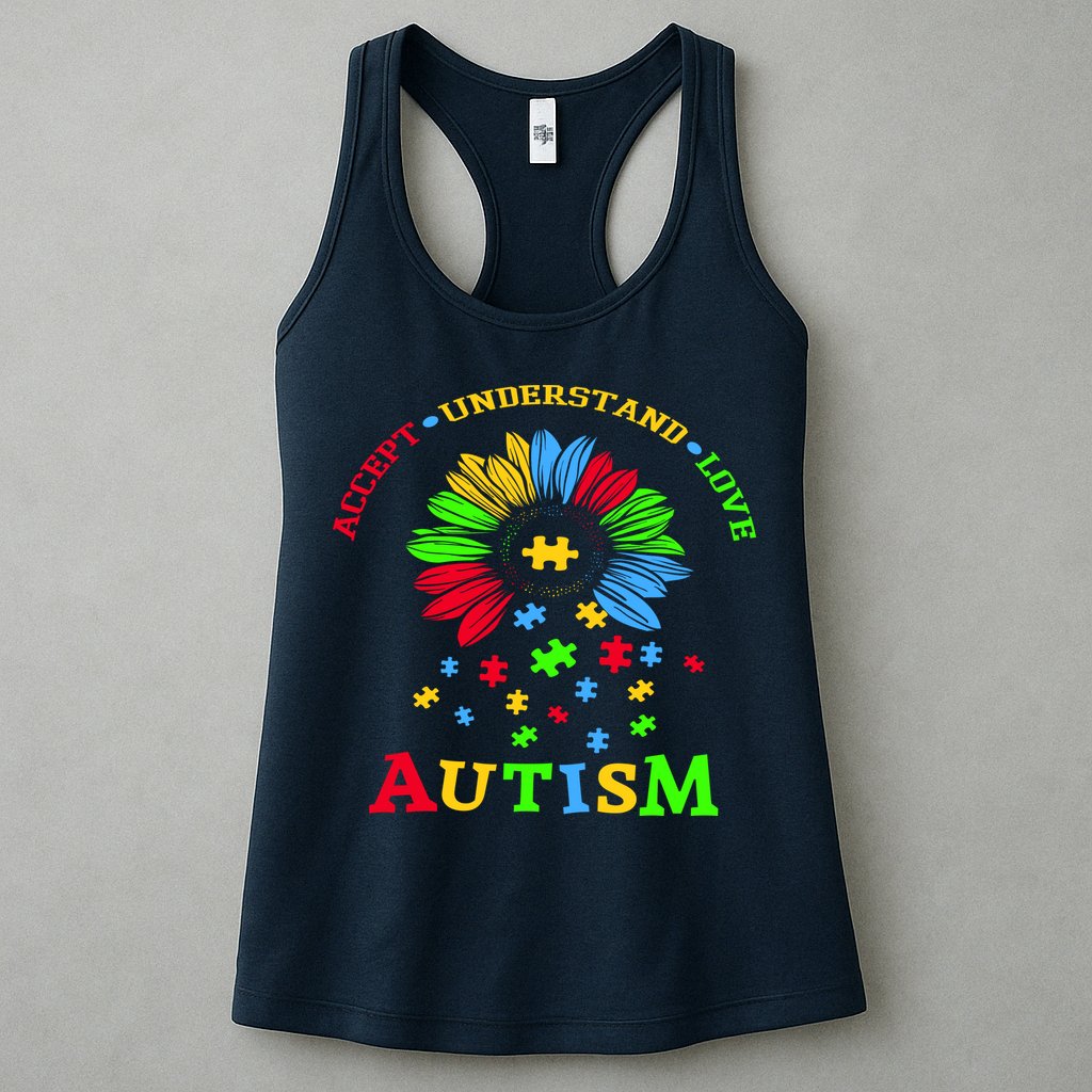 Autism Awareness Sunflower Puzzle Accept Understand Love Womens Tank Top