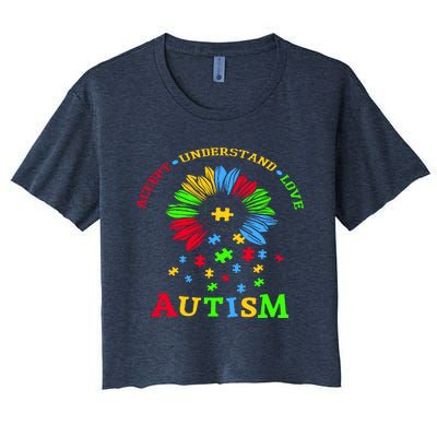 Autism Awareness Sunflower Puzzle Accept Understand Love Women's Crop Top Tee