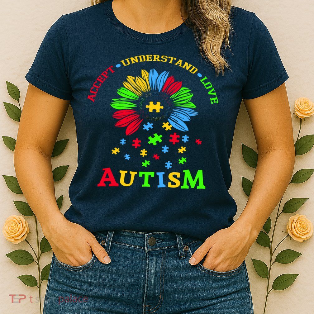 Autism Awareness Sunflower Puzzle Accept Understand Love Womens T-Shirt