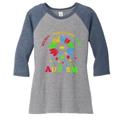 Autism Awareness Sunflower Puzzle Accept Understand Love Women's Tri-Blend 3/4-Sleeve Raglan Shirt