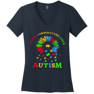 Autism Awareness Sunflower Puzzle Accept Understand Love Women's V-Neck T-Shirt