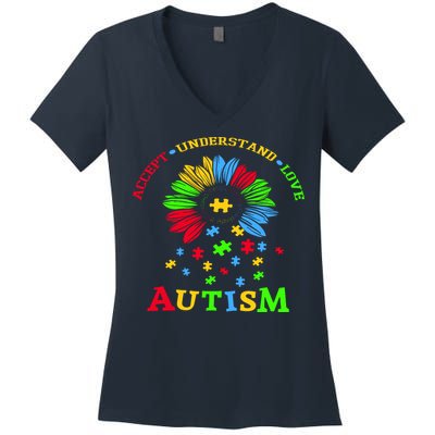 Autism Awareness Sunflower Puzzle Accept Understand Love Women's V-Neck T-Shirt