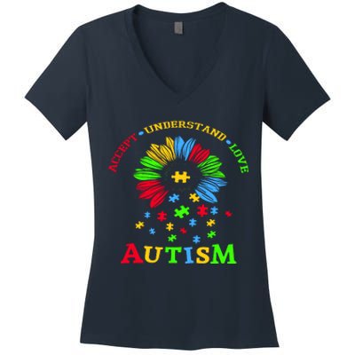 Autism Awareness Sunflower Puzzle Accept Understand Love Women's V-Neck T-Shirt