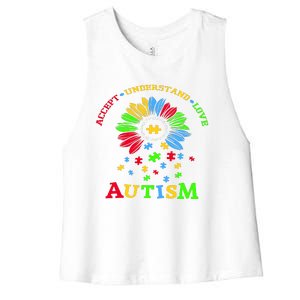 Autism Awareness Sunflower Puzzle Accept Understand Love Women's Racerback Cropped Tank