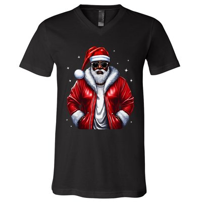 African American Santa Christmas Pajama Cool Black XMas V-Neck T-Shirt