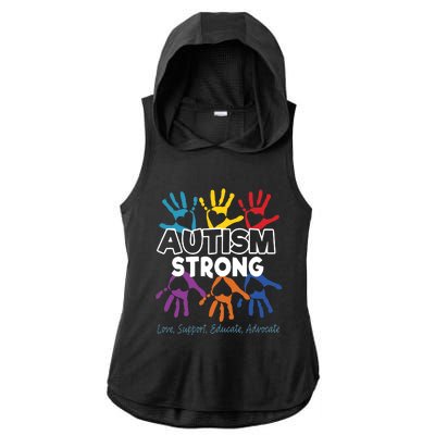 Autism Awareness Strong Autism Love Support Educate Advocate Ladies PosiCharge Tri-Blend Wicking Draft Hoodie Tank