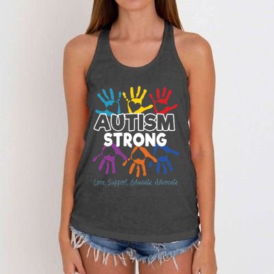 Autism Awareness Strong Autism Love Support Educate Advocate Women's Knotted Racerback Tank