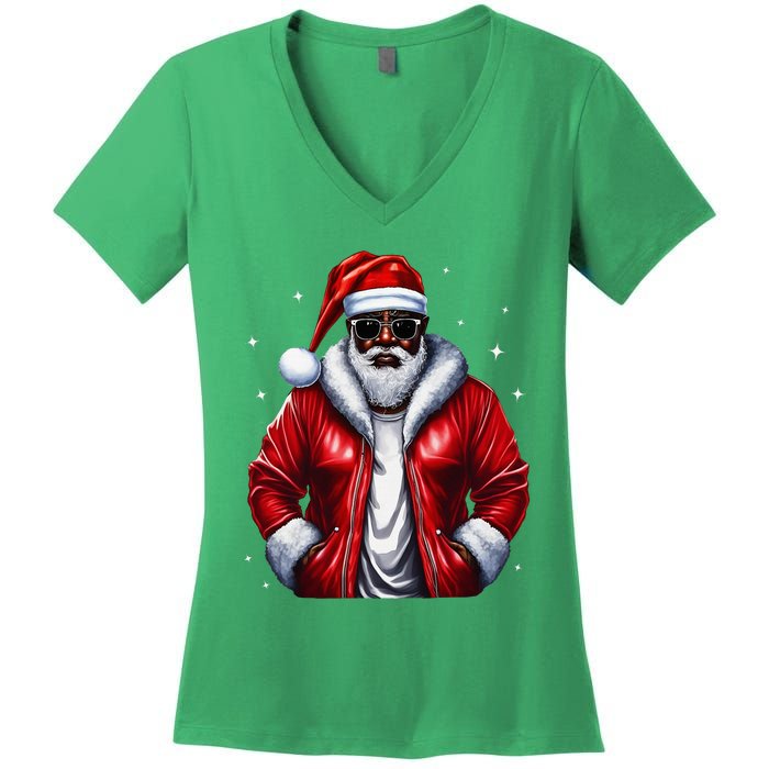 African American Santa Christmas Pajama Cool Black Xmas Women's V-Neck T-Shirt