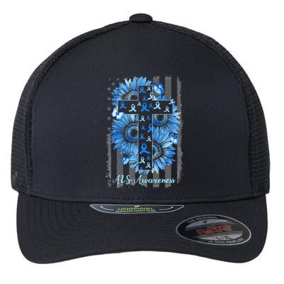 ALS Awareness Sunflower American Flag Cross Flexfit Unipanel Trucker Cap