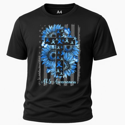 ALS Awareness Sunflower American Flag Cross Performance Shirt