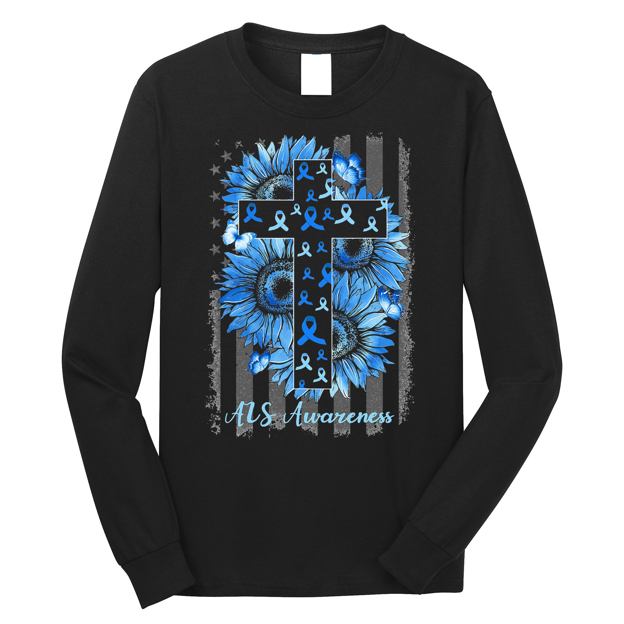 ALS Awareness Sunflower American Flag Cross Long Sleeve Shirt