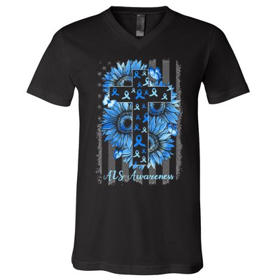 ALS Awareness Sunflower American Flag Cross V-Neck T-Shirt