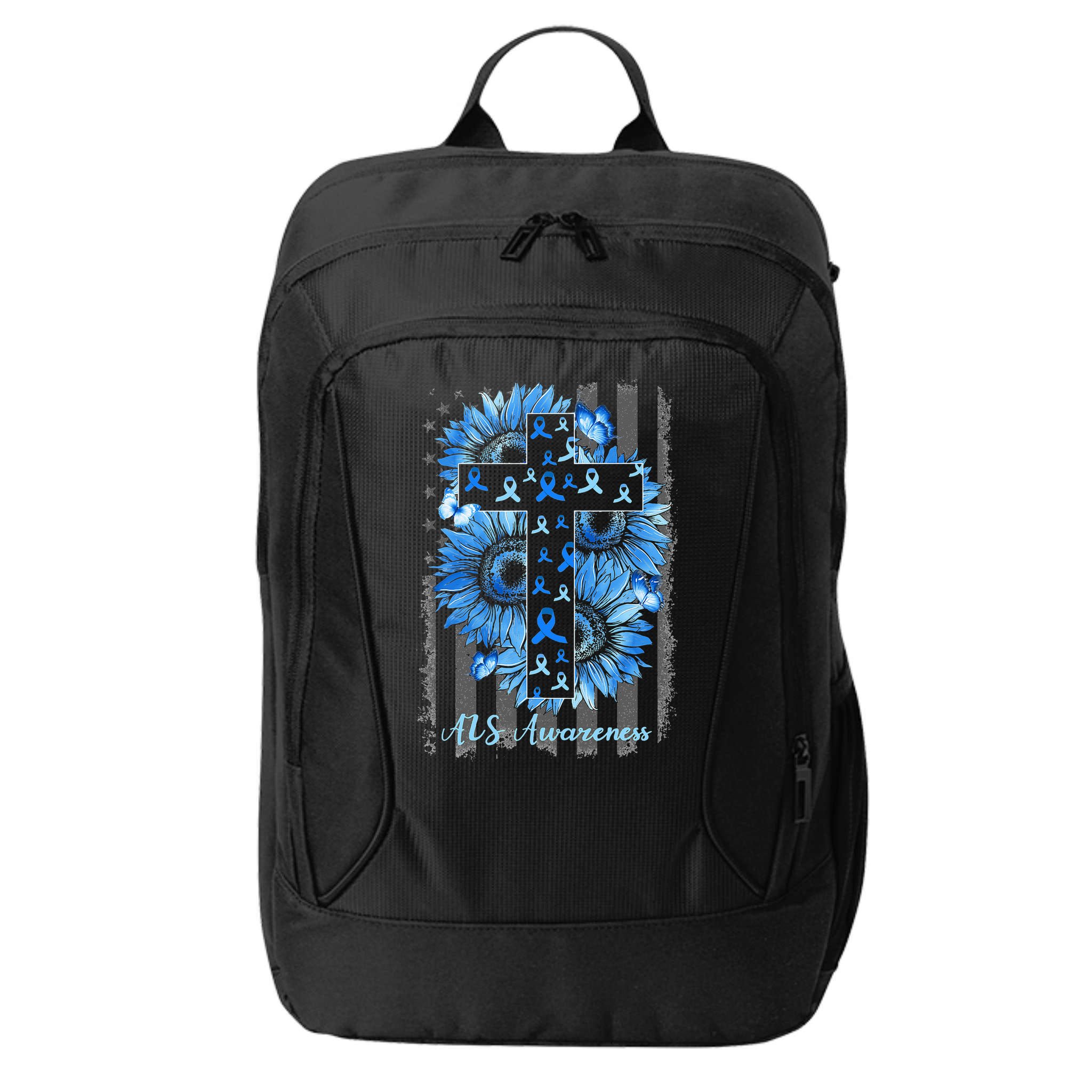 ALS Awareness Sunflower American Flag Cross City Backpack