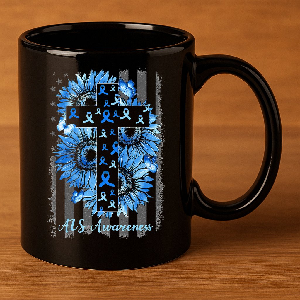 ALS Awareness Sunflower American Flag Cross 11oz C Handle Ceramic Mug