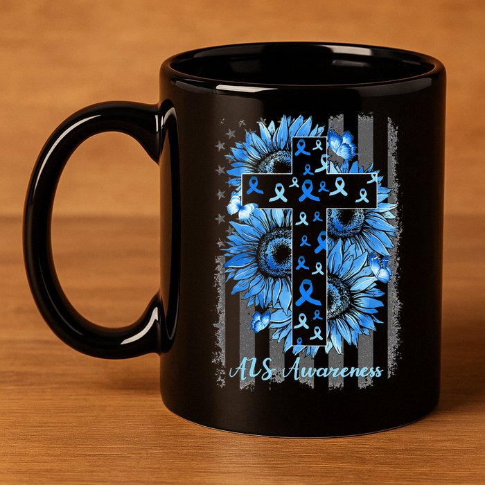 ALS Awareness Sunflower American Flag Cross 11oz C Handle Ceramic Mug