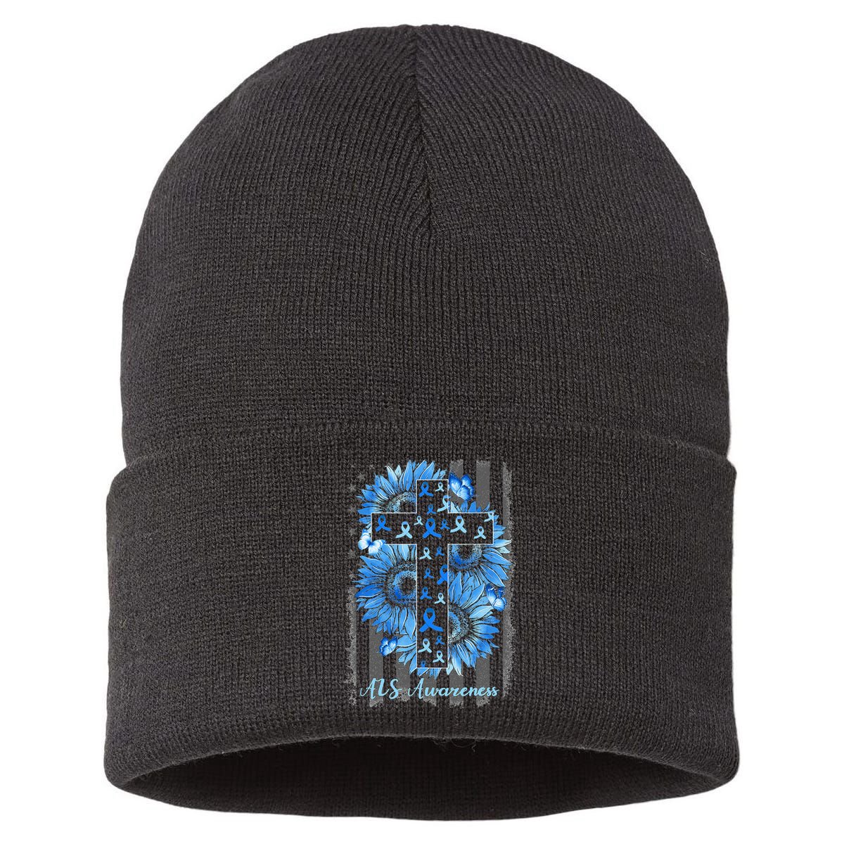 ALS Awareness Sunflower American Flag Cross Sustainable Knit Beanie