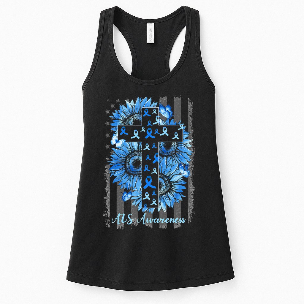 ALS Awareness Sunflower American Flag Cross Womens Tank Top
