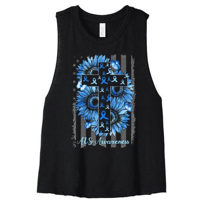 ALS Awareness Sunflower American Flag Cross Women's Racerback Cropped Tank