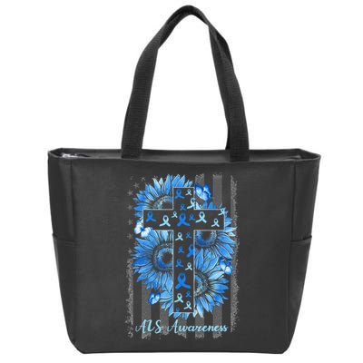 ALS Awareness Sunflower American Flag Cross Zip Tote Bag
