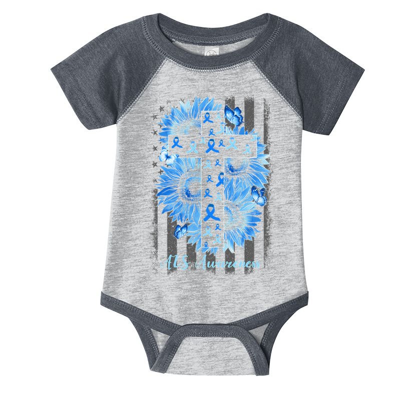 ALS Awareness Sunflower American Flag Cross Infant Baby Jersey Bodysuit