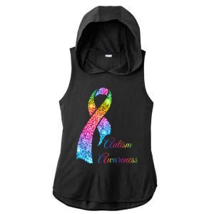 Autism Awareness Sparkle Glitter Ribbon Ladies PosiCharge Tri-Blend Wicking Draft Hoodie Tank