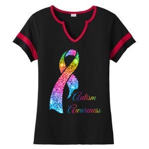 Autism Awareness Sparkle Glitter Ribbon Ladies Halftime Notch Neck Tee