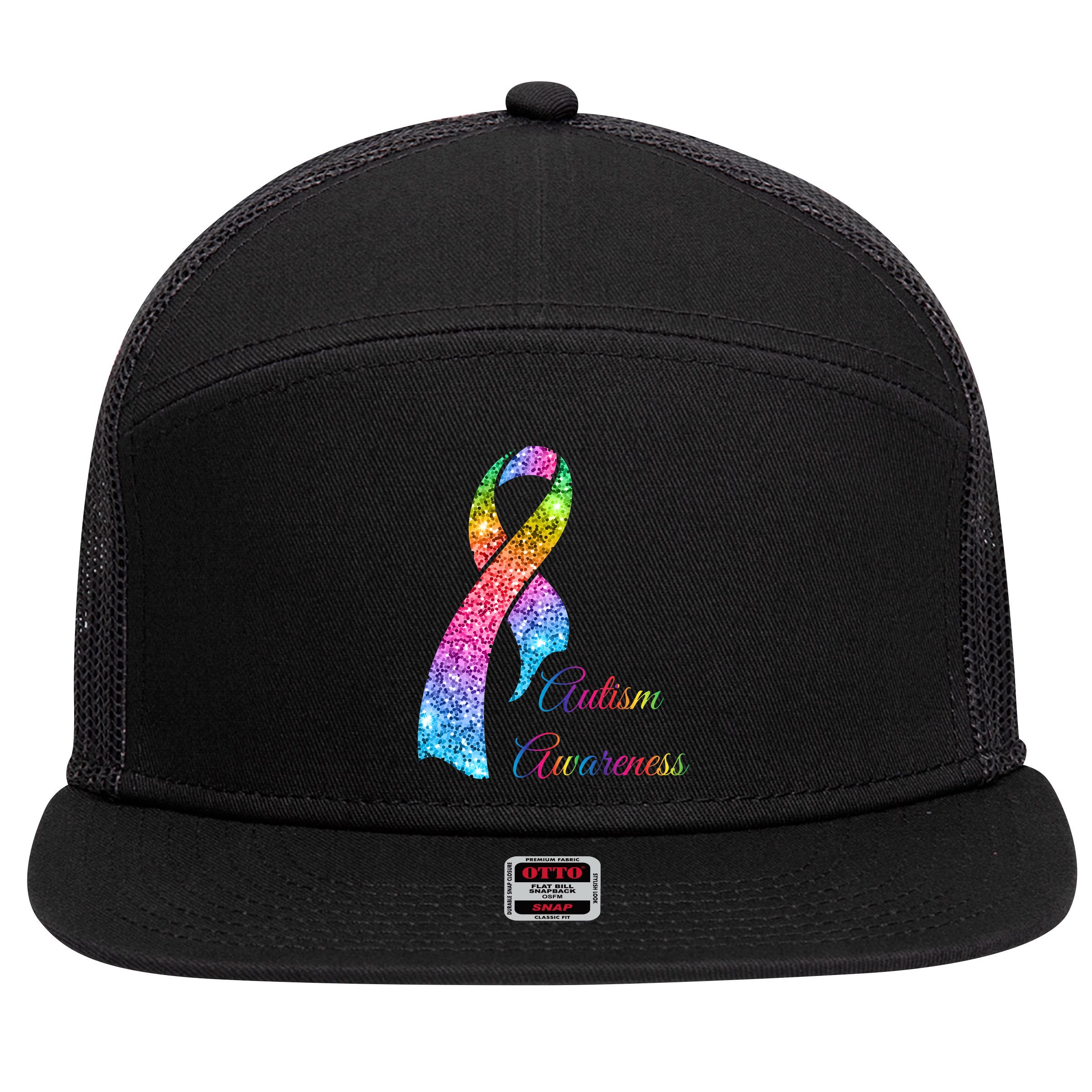 Autism Awareness Sparkle Glitter Ribbon 7 Panel Mesh Trucker Snapback Hat