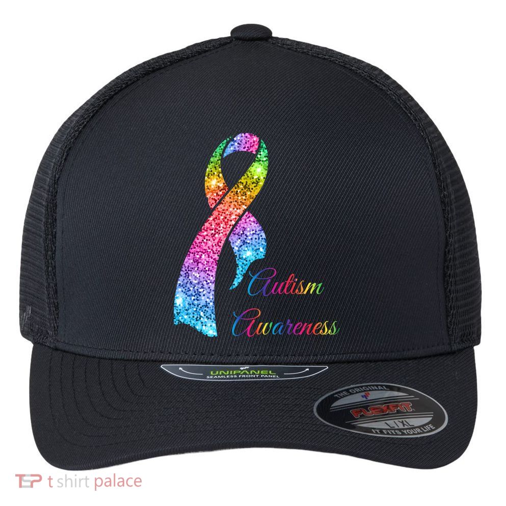 Autism Awareness Sparkle Glitter Ribbon Flexfit Unipanel Trucker Cap