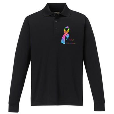 Autism Awareness Sparkle Glitter Ribbon Performance Long Sleeve Polo