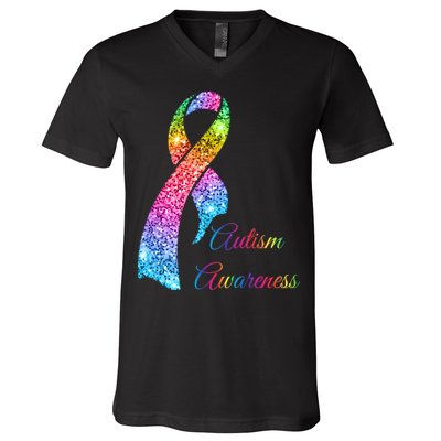 Autism Awareness Sparkle Glitter Ribbon V-Neck T-Shirt