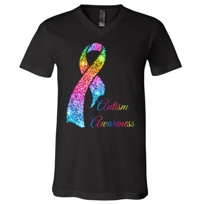 Autism Awareness Sparkle Glitter Ribbon V-Neck T-Shirt