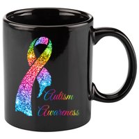Autism Awareness Sparkle Glitter Ribbon 11oz C Handle Ceramic Mug
