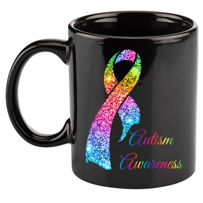 Autism Awareness Sparkle Glitter Ribbon 11oz C Handle Ceramic Mug
