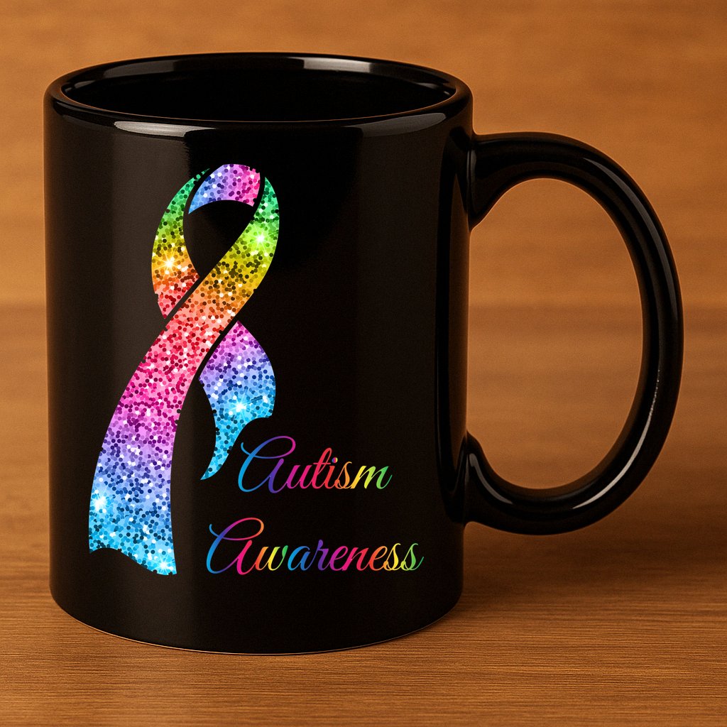 Autism Awareness Sparkle Glitter Ribbon 11oz C Handle Ceramic Mug