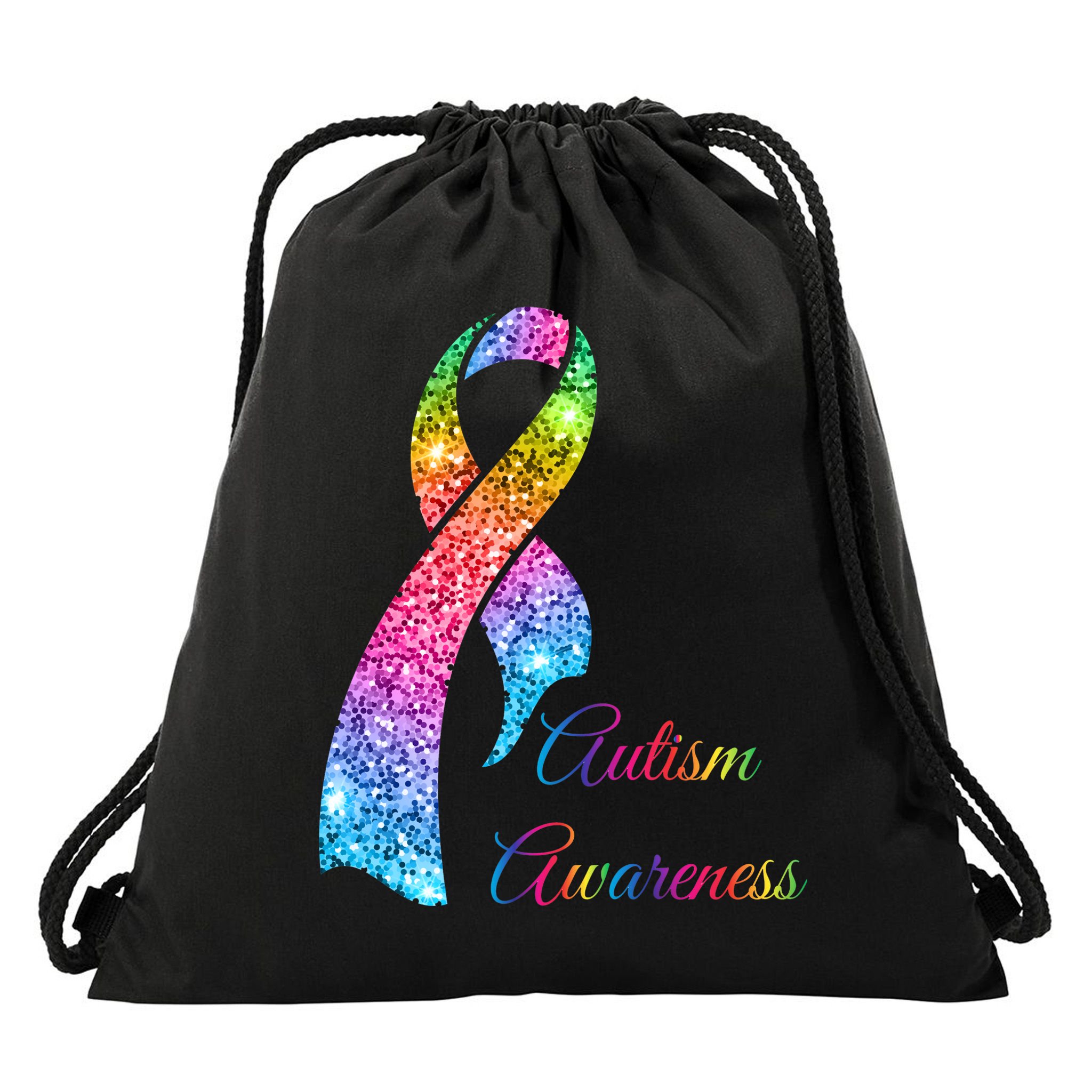 Autism Awareness Sparkle Glitter Ribbon Drawstring Bag