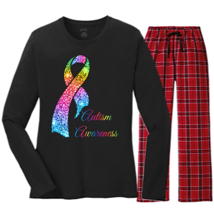 Autism Awareness Sparkle Glitter Ribbon Women's Long Sleeve Flannel Pajama Set 