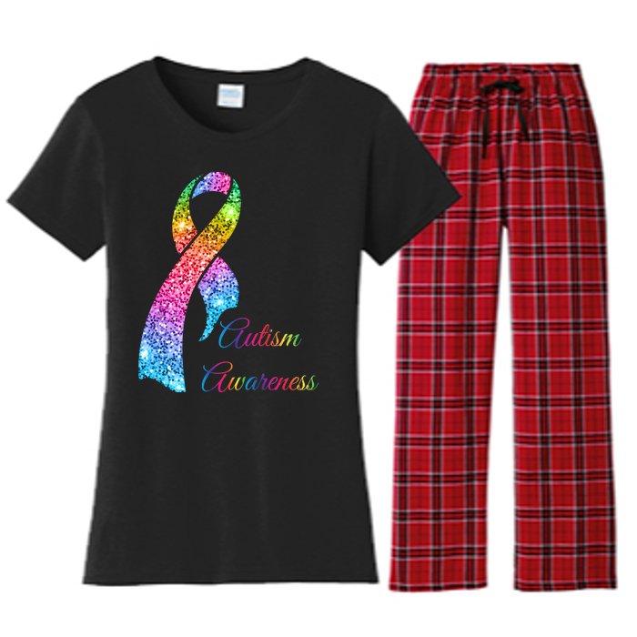 Autism Awareness Sparkle Glitter Ribbon Women's Flannel Pajama Set