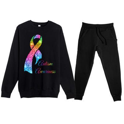 Autism Awareness Sparkle Glitter Ribbon Premium Crewneck Sweatsuit Set