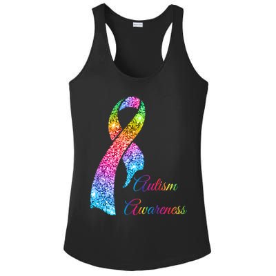 Autism Awareness Sparkle Glitter Ribbon Ladies PosiCharge Competitor Racerback Tank