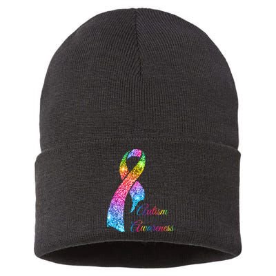 Autism Awareness Sparkle Glitter Ribbon Sustainable Knit Beanie