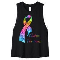 Autism Awareness Sparkle Glitter Ribbon Women's Racerback Cropped Tank