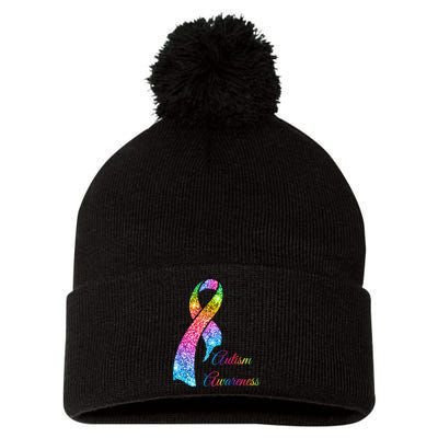 Autism Awareness Sparkle Glitter Ribbon Pom Pom 12in Knit Beanie