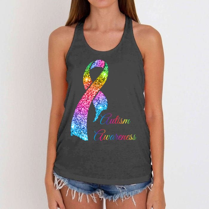 Autism Awareness Sparkle Glitter Ribbon Women's Knotted Racerback Tank