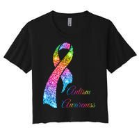 Autism Awareness Sparkle Glitter Ribbon Women's Crop Top Tee