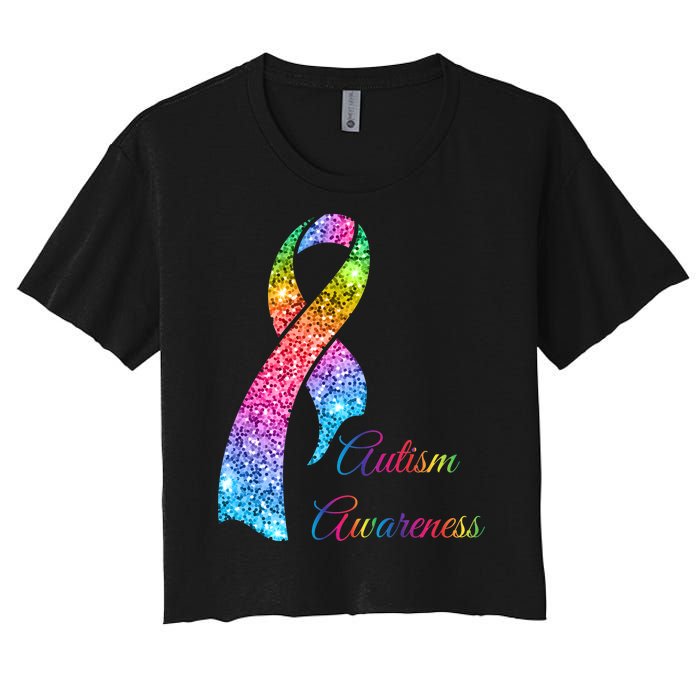 Autism Awareness Sparkle Glitter Ribbon Women's Crop Top Tee