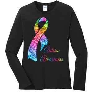 Autism Awareness Sparkle Glitter Ribbon Ladies Long Sleeve Shirt